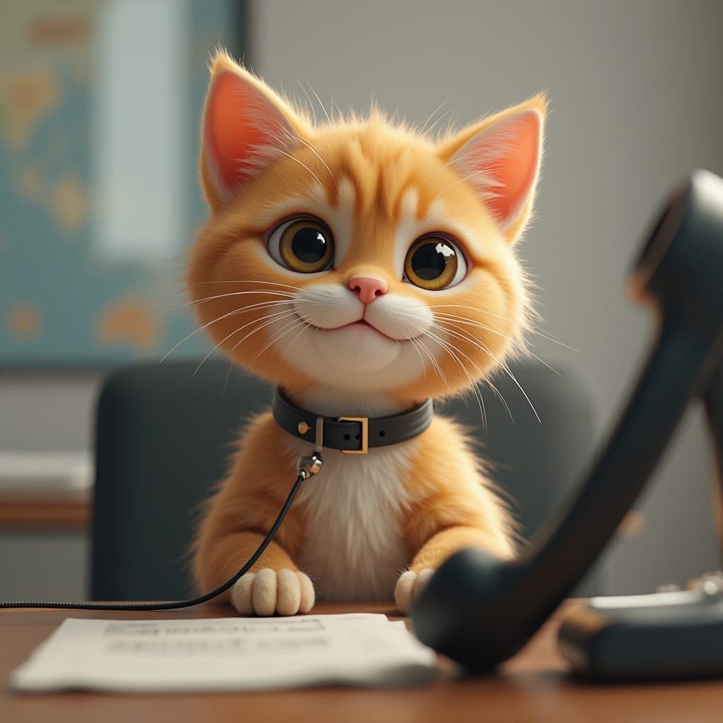 Photorealistic Cat Awaits Call in Modern Office