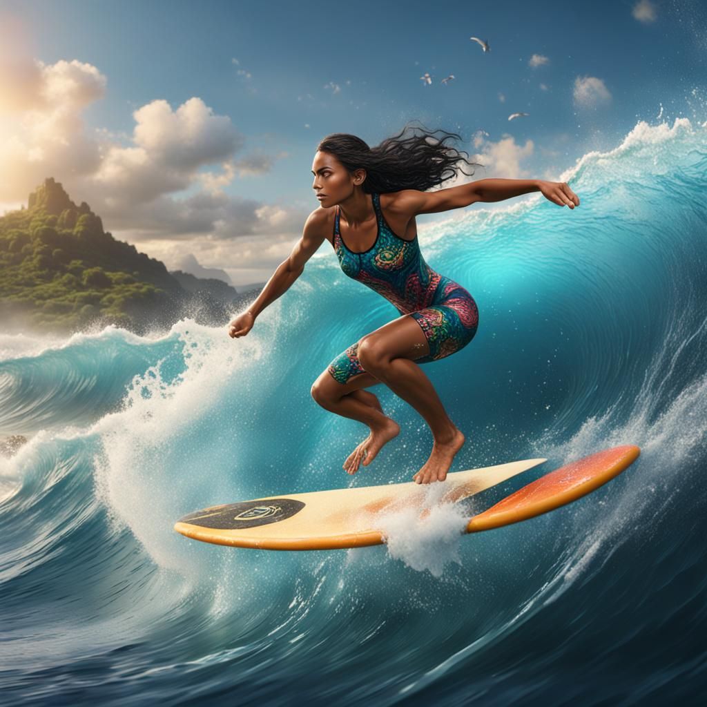 Polynesian Girl Surfing in the Ocean, Fantasy Art
