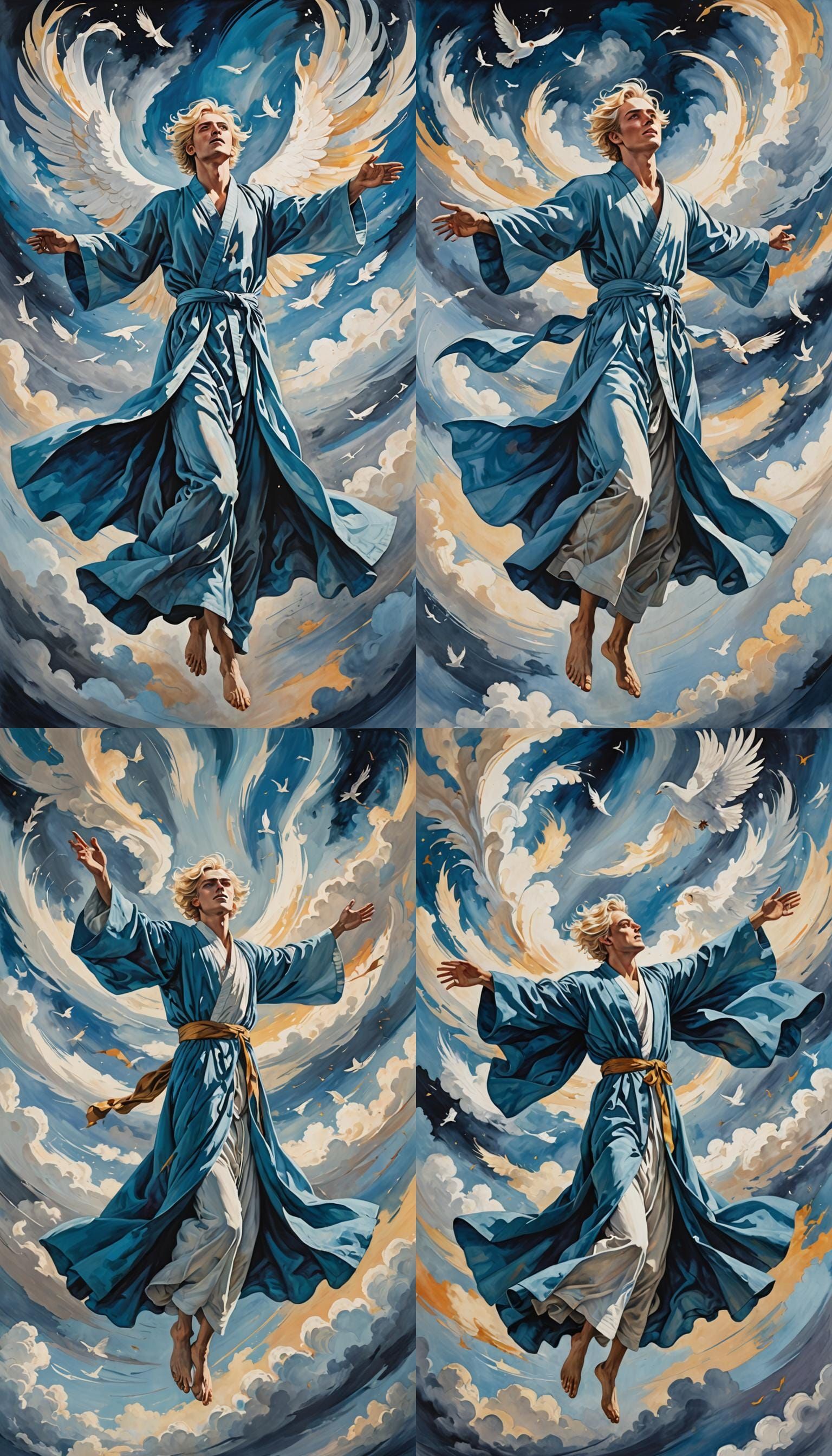 Young Man Floating in Sky: Expressionist Portrait