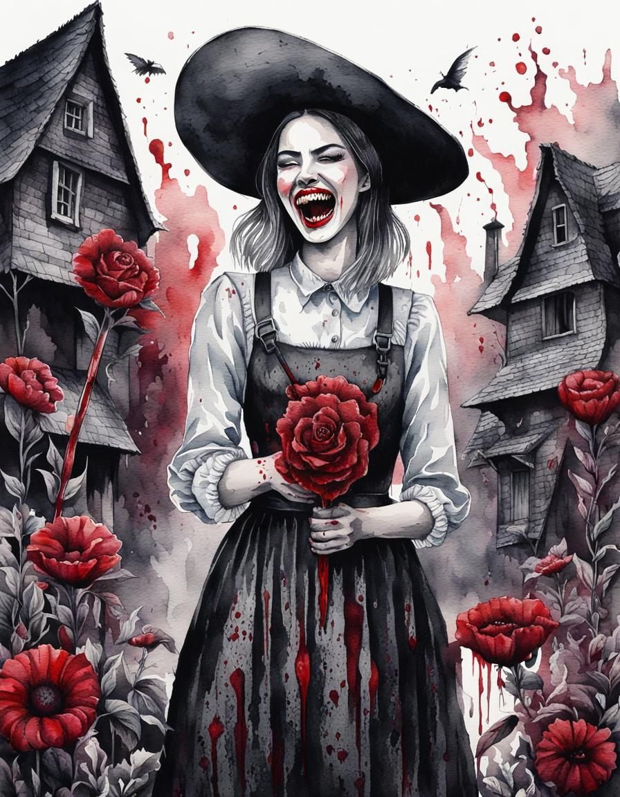 Cursed Girl with Bloody Knife in Surreal Village