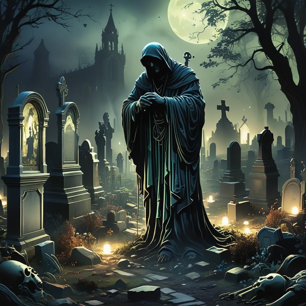 Mystical Graveyard Scene with Spirits in Digital Art