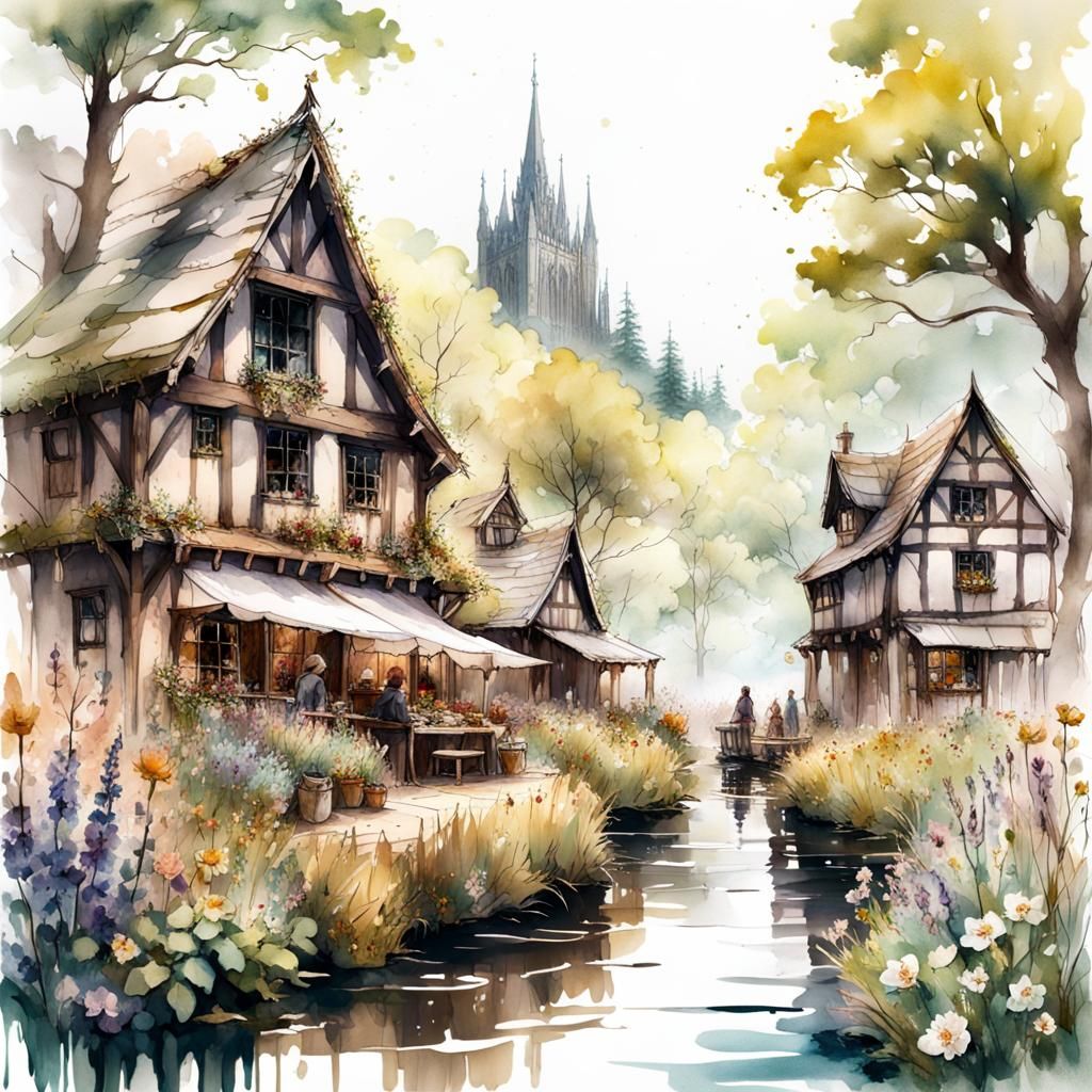 Cottagecore Farmers Market by River, Watercolor Art