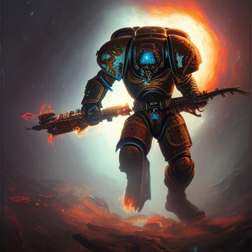 Salamander Space Marine Vulkan in Dark Fantasy Style