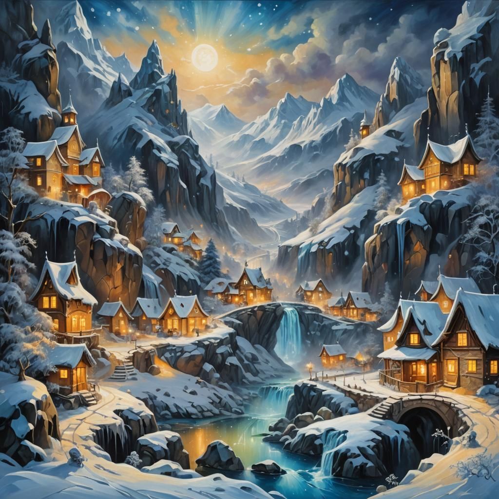 Winter Village: Snowy Night Oil Painting