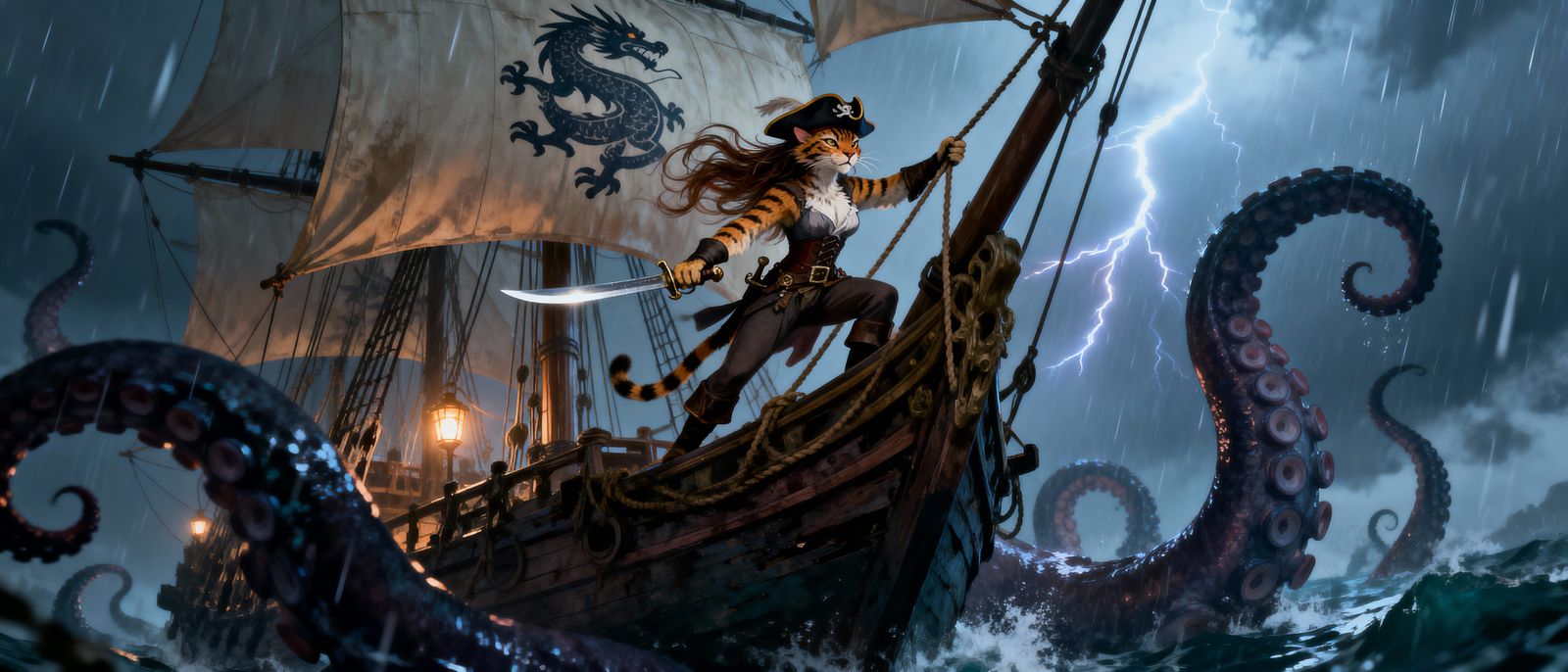 Lynx Pirate Battles Kraken on Stormy Galleon