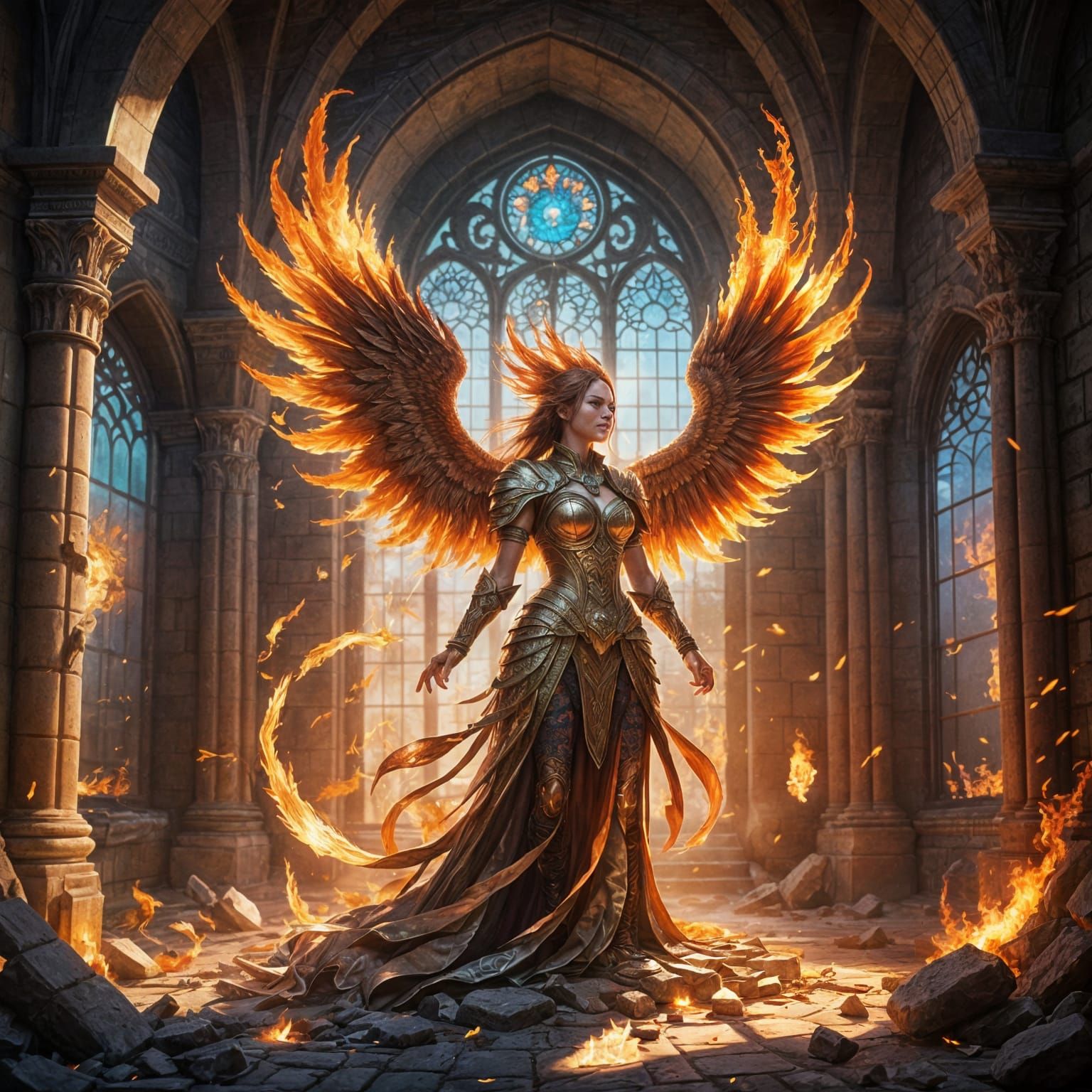 Woman Transforms into Fiery Phoenix Amidst Castle Ruins