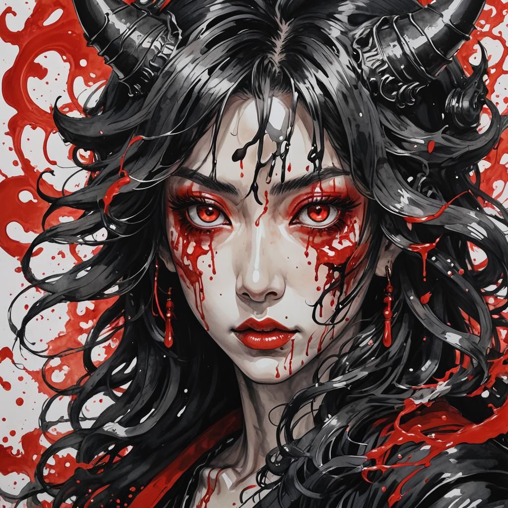 Anime Portrait of a Japanese Demon in Dripping Oil