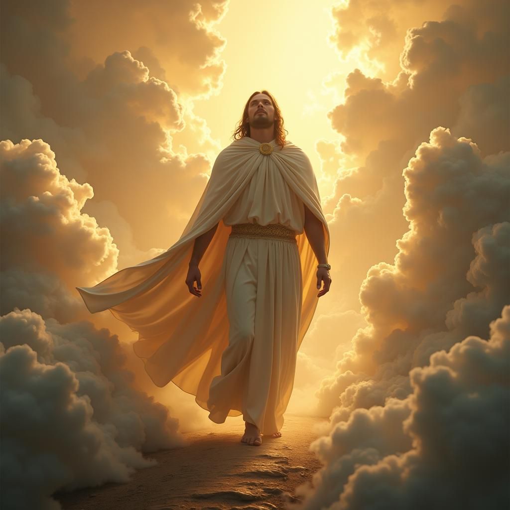 Divine Figure Walks Among Golden Heavenly Realms