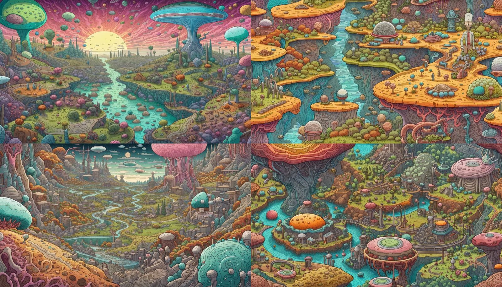 Vibrant Alien World in Rick and Morty Style