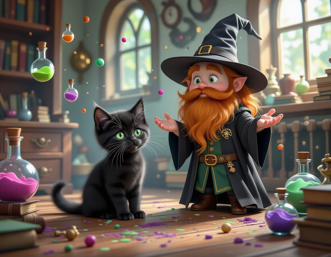 Tiny Black Kitten and Wizard in Magical Mess