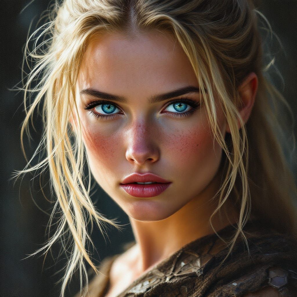 Norse Maiden Portrait with Serious Expression in Impasto Sty...