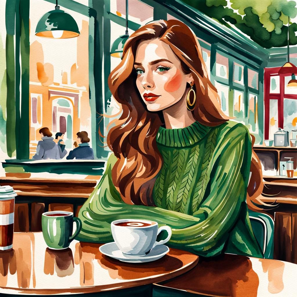 Watercolor Painting of Woman in Coffee Bar