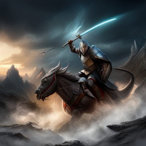 Knight in Shining Armor Dragon Fight: Epic Digital Art