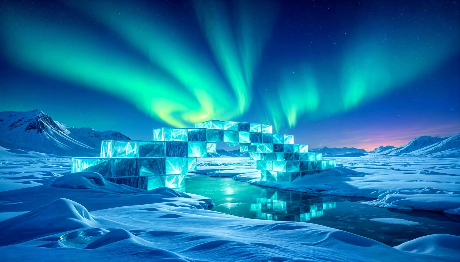 Ice Bridge Under Aurora Borealis in Charcoal Style