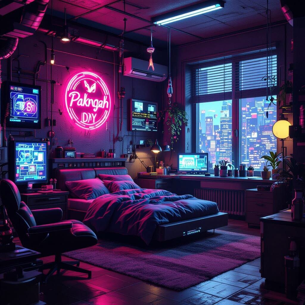 Cyberpunk Apartment with Neon Lights in Matte Painting Style