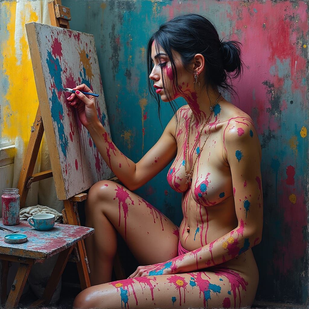 Vibrant Woman in Artist's Home, Drenched in Dripping Paint