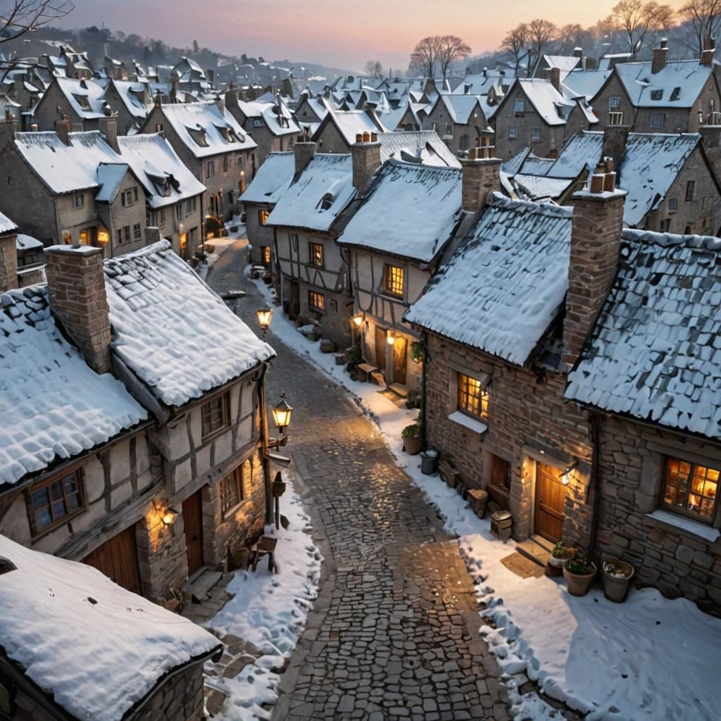 Winter Village Street with Mythical Overlay