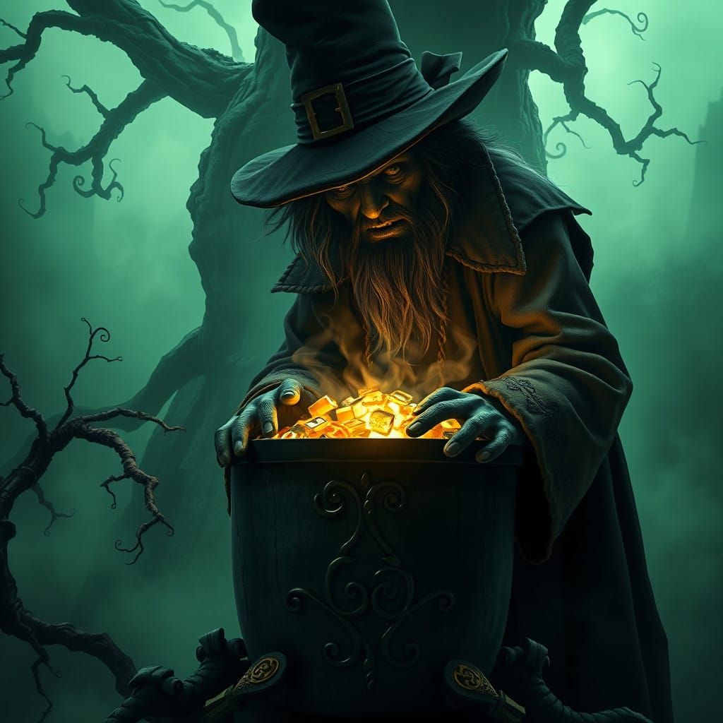 Gothic Leprechaun Guardian in Mysterious Emerald Landscape