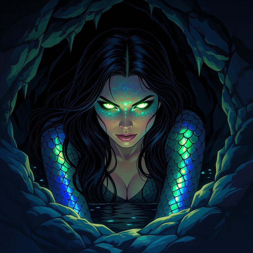 Reptile Woman in Dark Cave, Fantasy Illustration
