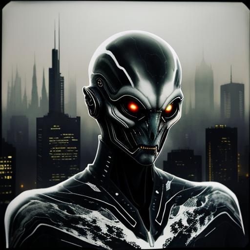 Alien Creature in Dystopian Cityscape Double Exposure