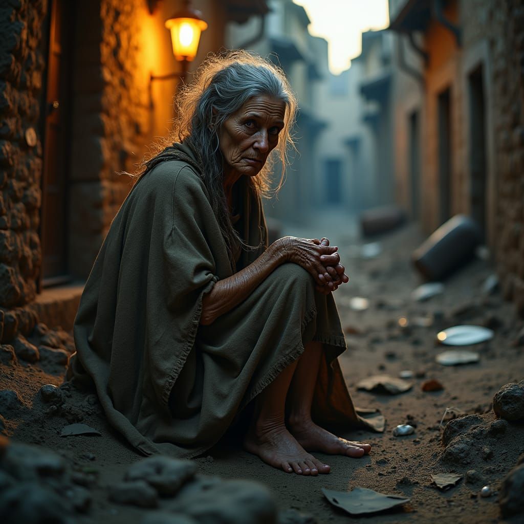 Old Woman in Medieval Street: Cinematic Still