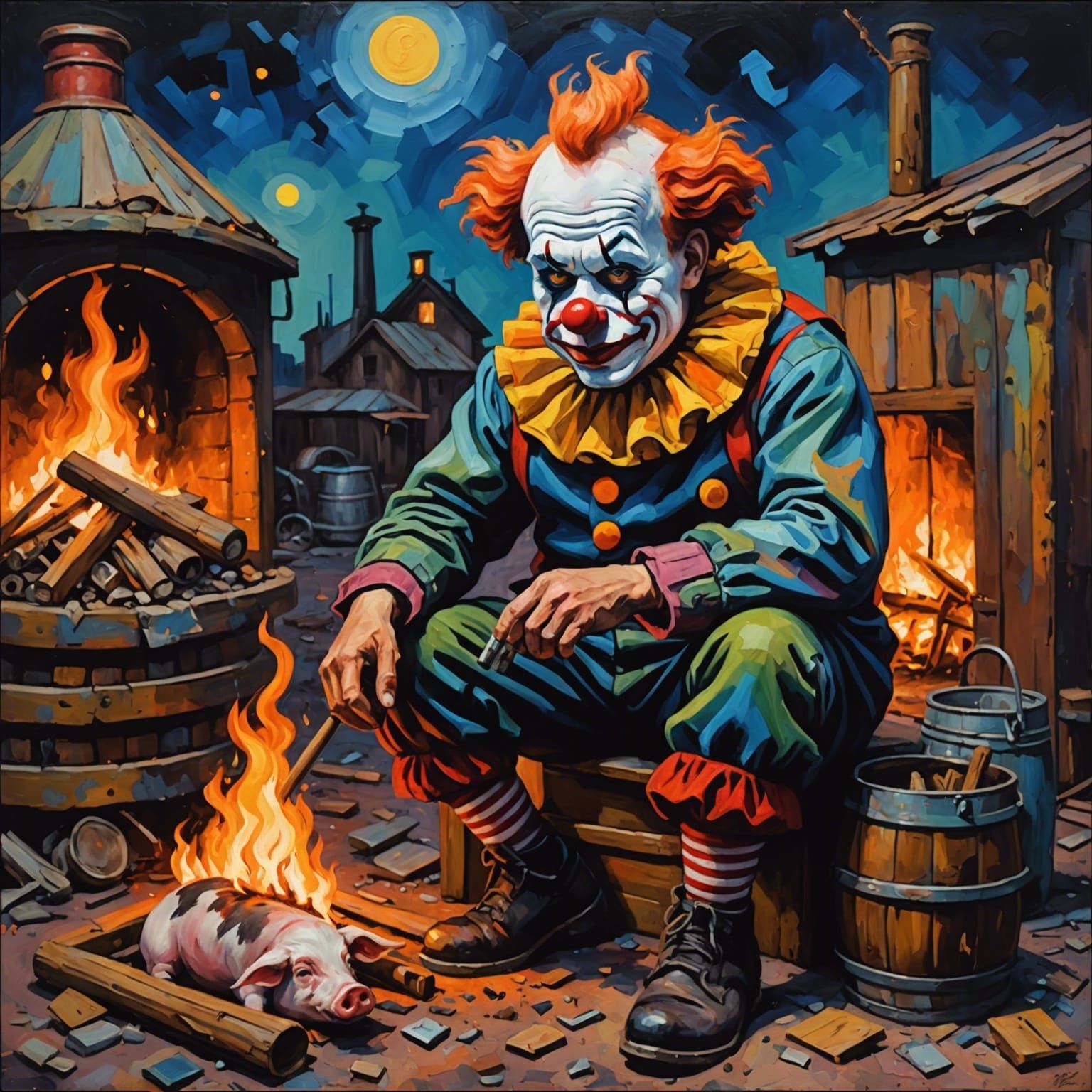 Sad Clown in Junkyard with Pig, Neo-Impressionist Painting