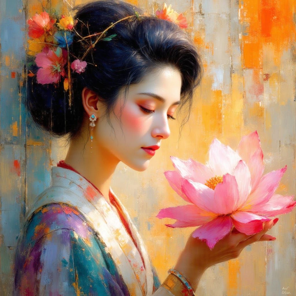 Geisha with Lotus Flower in Vivid Hues