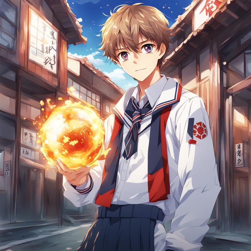 Anime Schoolboy with Fireball in Japanese Manga Style