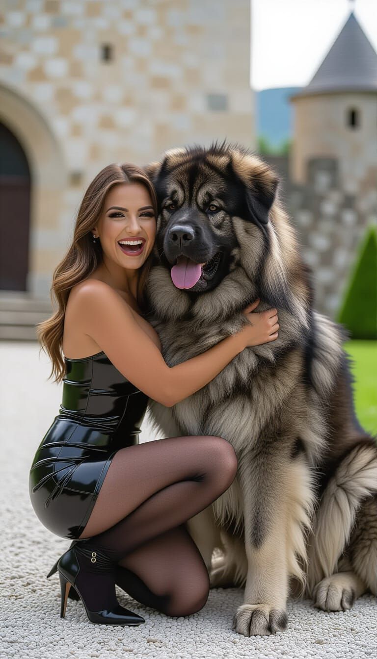 Macedonian Woman Hugs Tibetan Mastiff by Castle