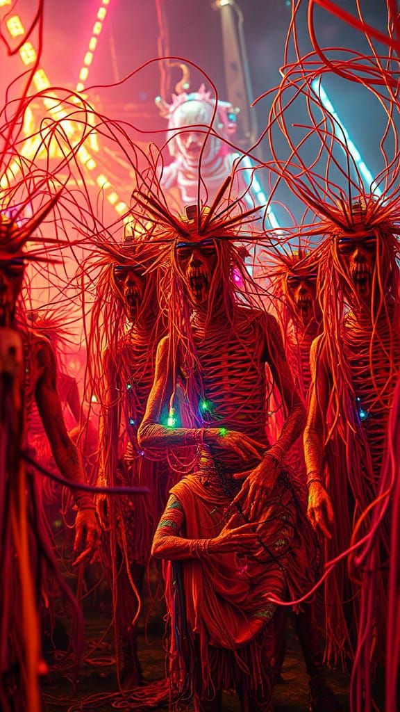 Neon Nomads in Surreal Landscape, Bosch Style