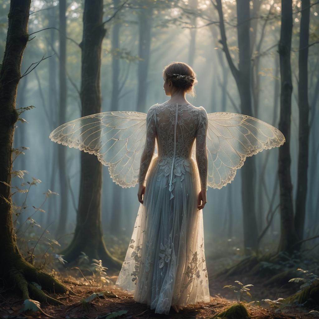 Ethereal Figure with Lace Wings in Misty Forest