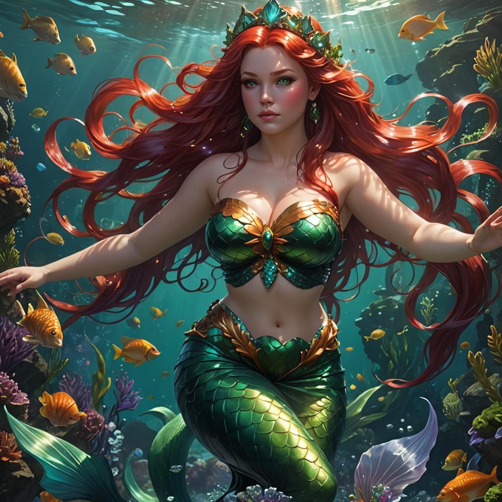 Red-Haired Mermaid Princess in Hyperdetailed Splash Art