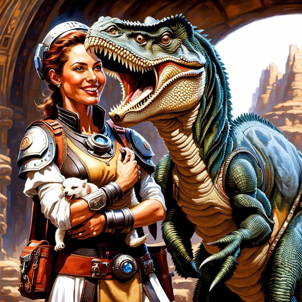 Dinotopia Scene: Woman and Baby Dinosaur