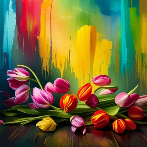 Bright Tulips on Wood Table as Impasto Painting