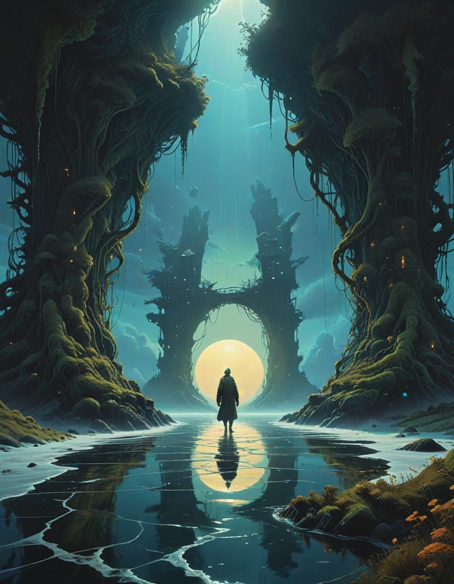 Man Approaches Glowing Ocean Portal in Surreal Scene