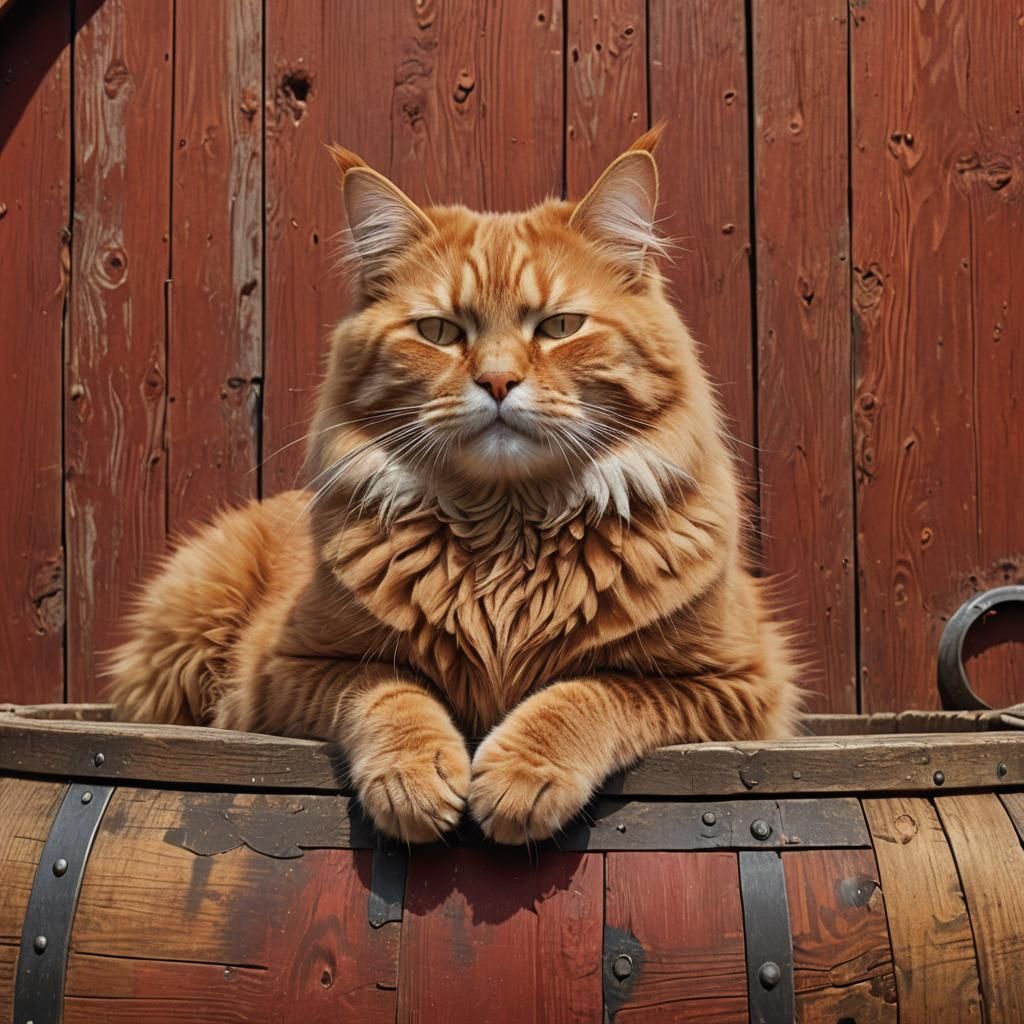 Fluffy Ginger Cat Sleeping in a Barn Door
