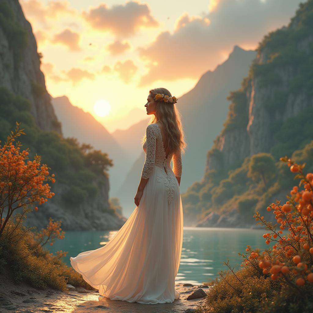 Woman in White Gown at Majestic Waterfall