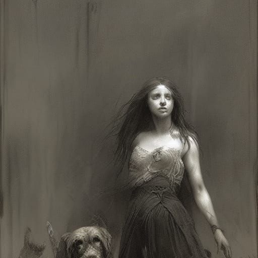 Horrific Dog-Girl Hybrid in Gothic Horror Style