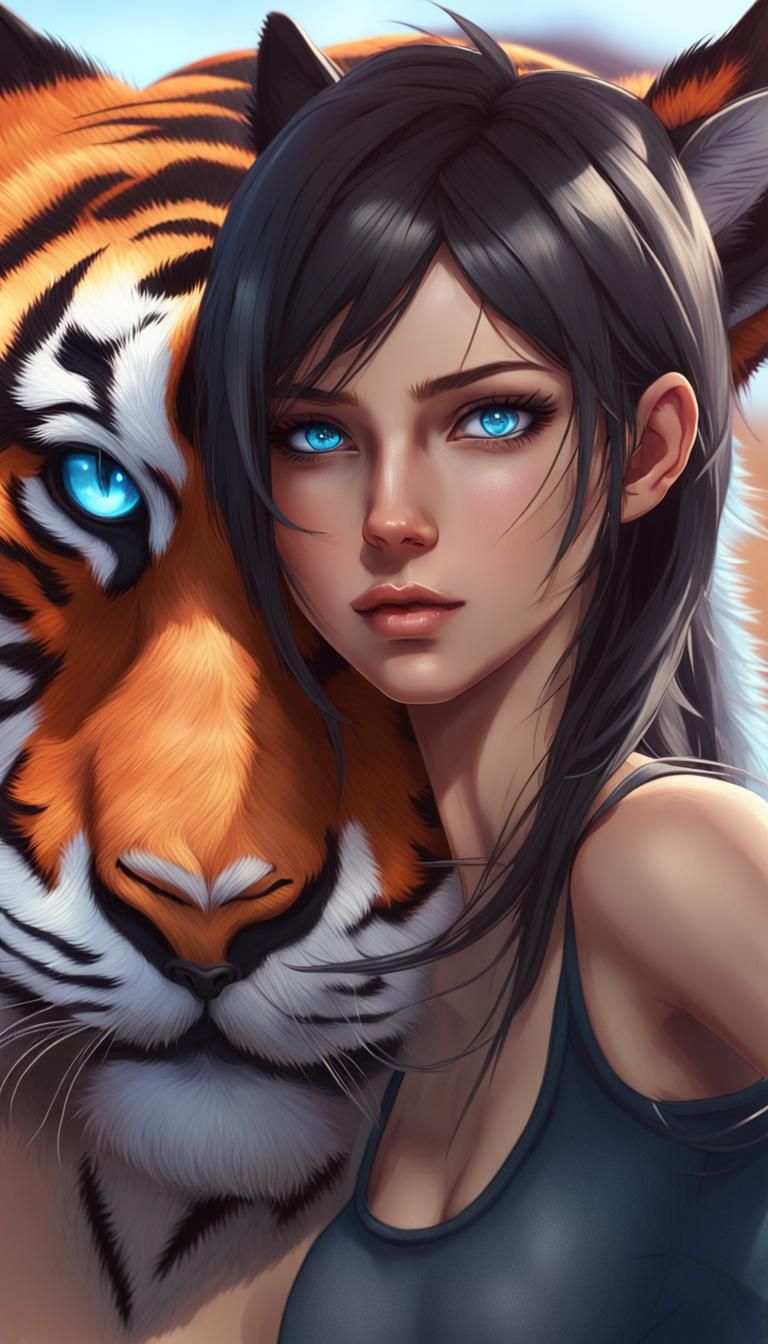 Anime Portrait: Tiger Woman with Blue Eyes