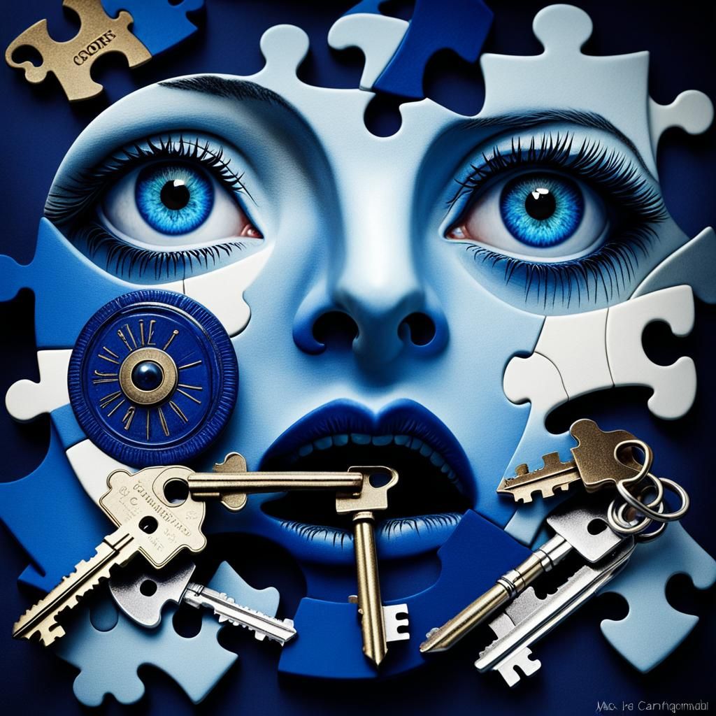 Surreal Keys with Blue Eyes in Dreamlike Watercolor