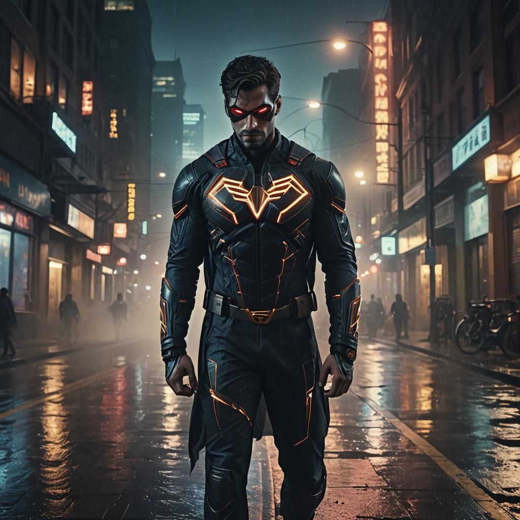 Superhero in Misty Cityscape, Cinematic Hyperrealism