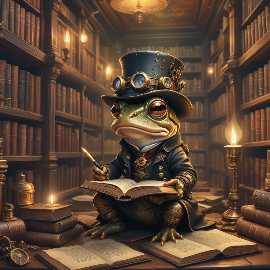 Steampunk Frog Reading in Library: Digital Art