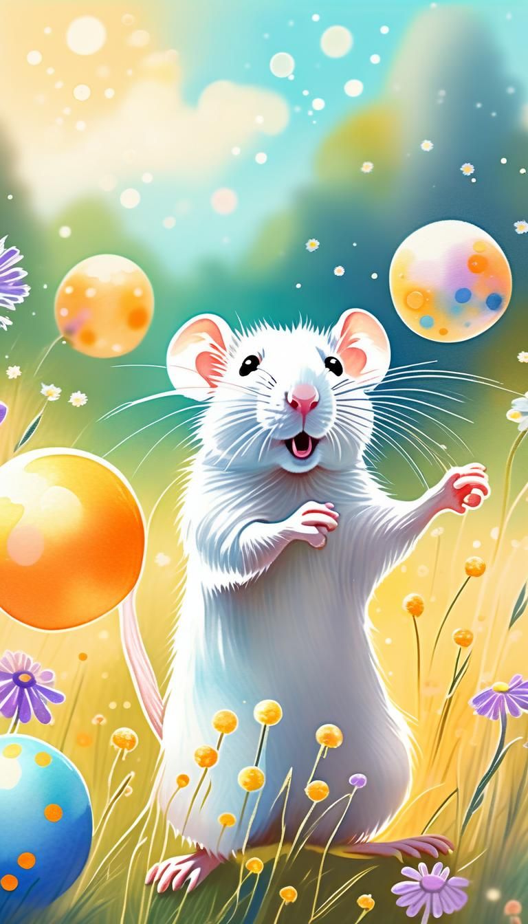 Charming White Rat Juggling in Watercolor Meadow