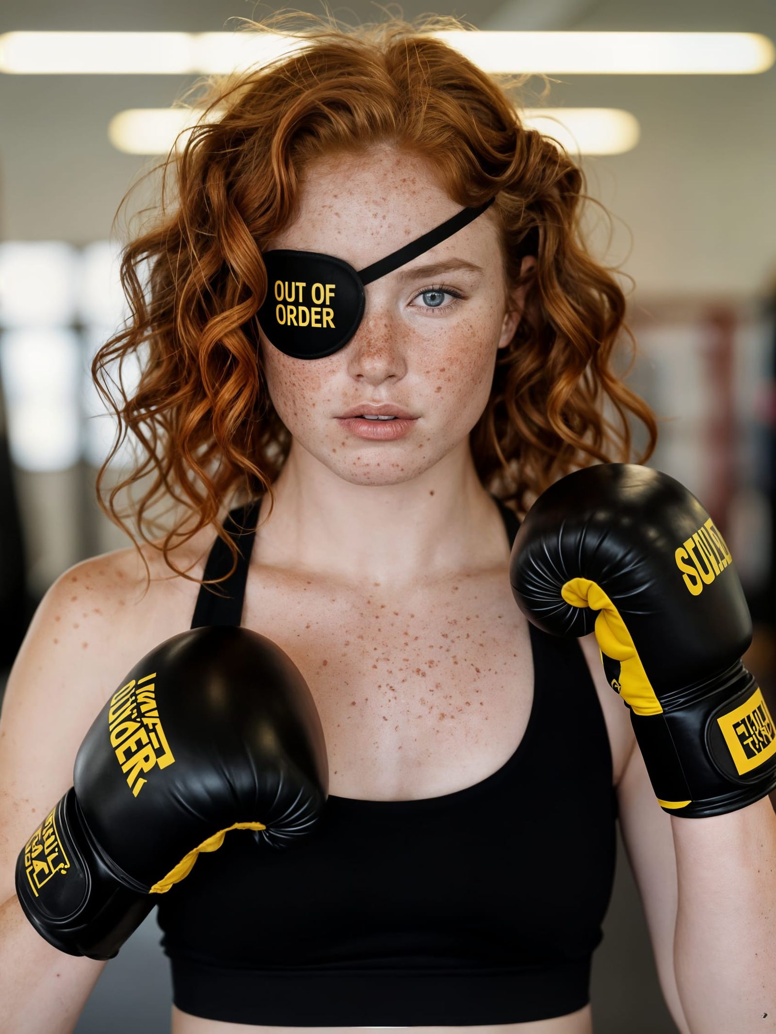 Redhaired Boxer Woman with Eyepatch in Gym Portrait