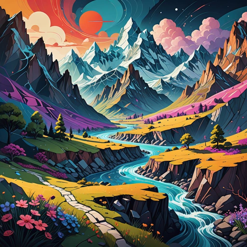 Surreal Landscape Blending 3D and 2D Art Styles