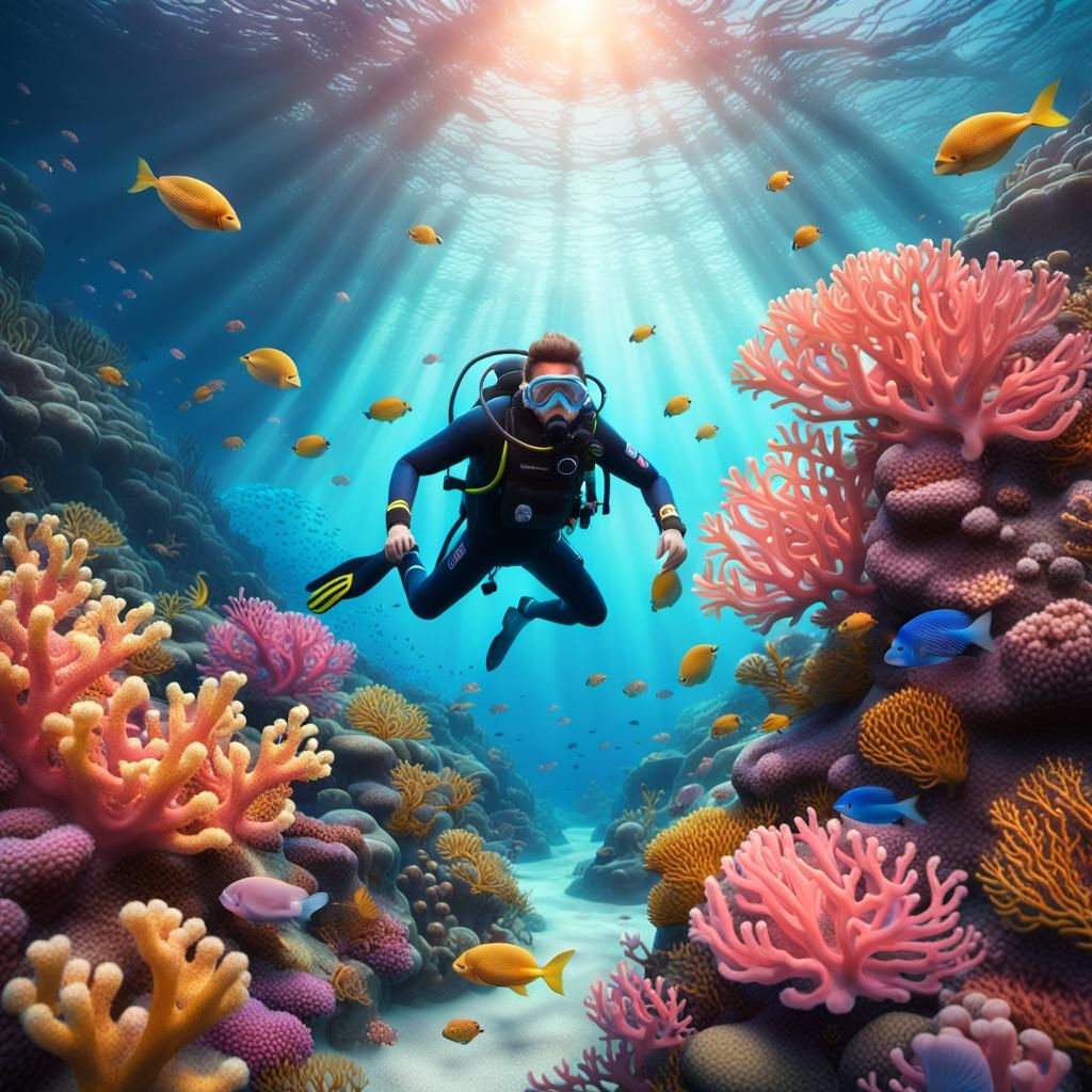 Scuba Diver Exploring Coral Reef: Matte Painting