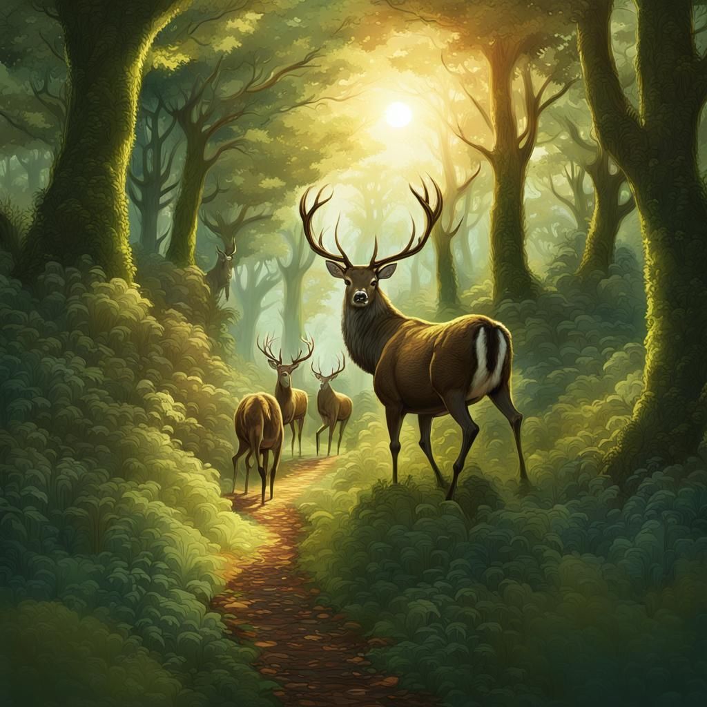 Stag and Deer in Verdant Forest Glade