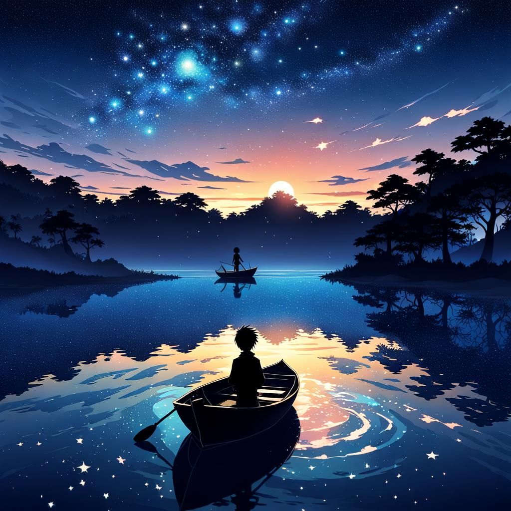 Boy on Boat in Starry Lake: Anime Style