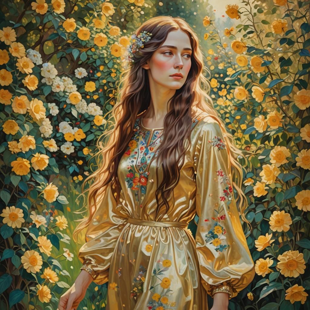 Woman in Garden: Klimt-Inspired Oil Painting