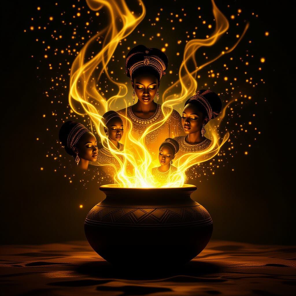 Golden Spirits Emerge From Calabash in African Fantasy Style